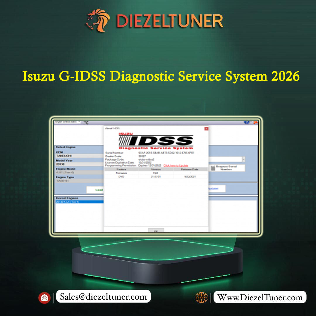 Promotional graphic for Diezeltuner Isuzu G-IDSS Diagnostic Service System 2026, showing a computer monitor mockup with the IDSS interface and a black diagnostic device base on a dark green background.