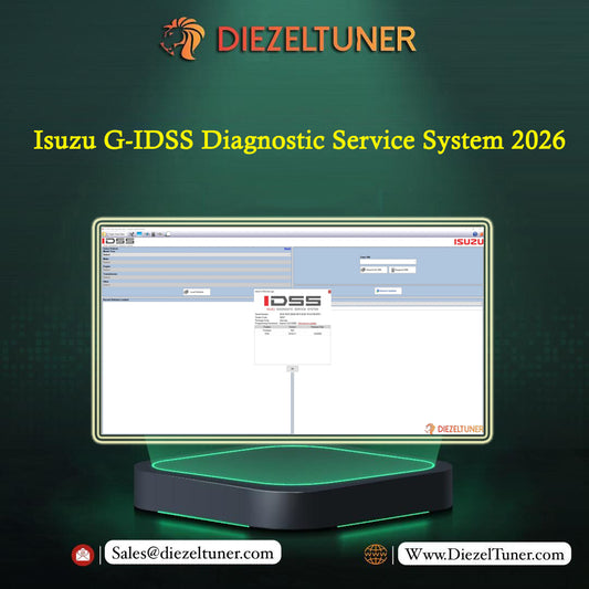 Promotional graphic for Diezeltuner Isuzu G-IDSS Diagnostic Service System 2026, showing a computer monitor with software interface and a black diagnostic device below on a dark green background.