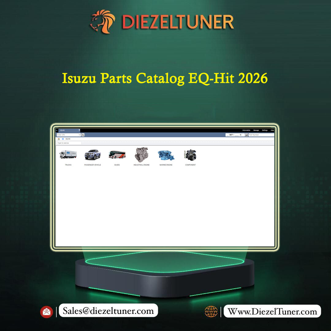 Promotional graphic for Diezeltuner Isuzu Parts Catalog EQ-Hit 2026, showing a computer monitor displaying a parts catalog interface on a dark green background with the Diezeltuner logo and contact details.