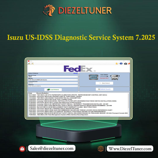 Computer screen displaying a diagnostic service system with 'Diezeltuner' branding on a dark green background.