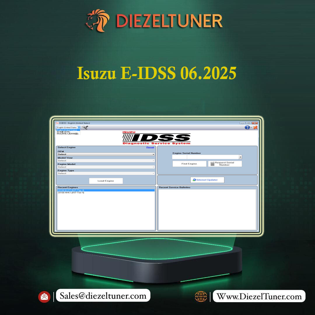 Computer monitor displaying IDSS software with DIEZELTUNER branding on a dark green background.