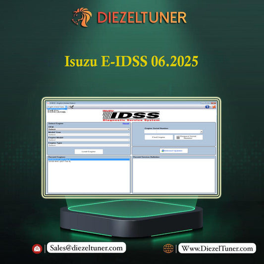 Computer monitor displaying IDSS software with DIEZELTUNER branding on a dark green background.
