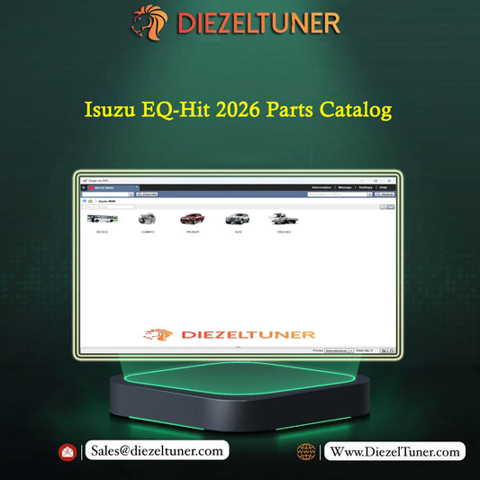 Promotional graphic for the Diezeltuner Isuzu EQ-Hit 2026 Parts Catalog, showing a computer monitor displaying a parts catalog interface over a dark green background with the Diezeltuner branding.