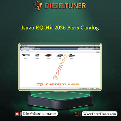 Promotional graphic for the Diezeltuner Isuzu EQ-Hit 2026 Parts Catalog, showing a computer monitor displaying a parts catalog interface over a dark green background with the Diezeltuner branding.