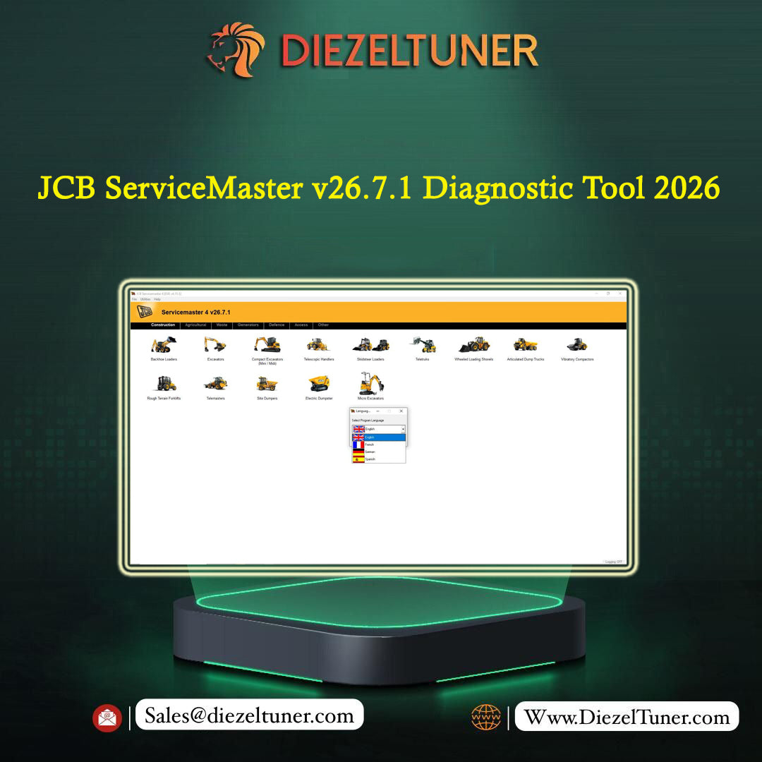 Promotional graphic for Diezeltuner JCB ServiceMaster v26.7.