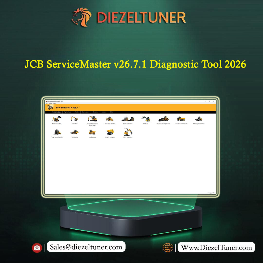 Promotional graphic for Diezeltuner JCB ServiceMaster v26.7.