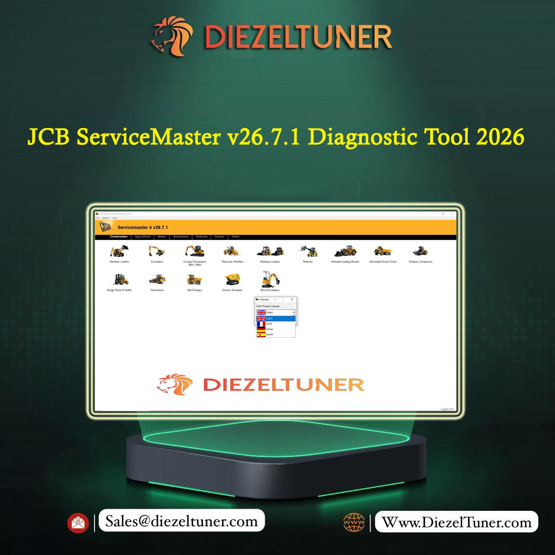 Promotional graphic for Diezeltuner JCB ServiceMaster v26.7.
