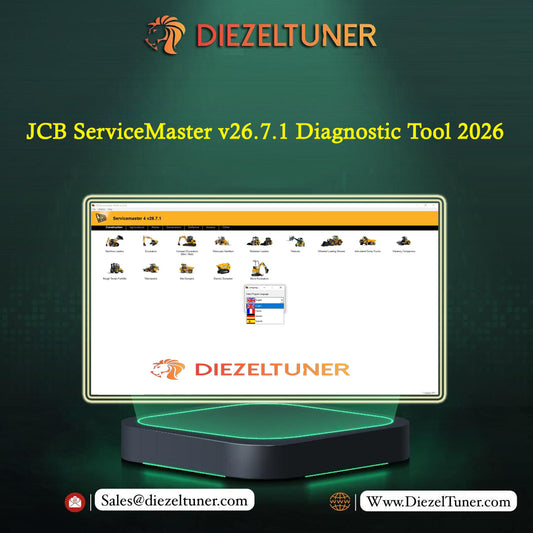 Promotional graphic for Diezeltuner JCB ServiceMaster v26.7.