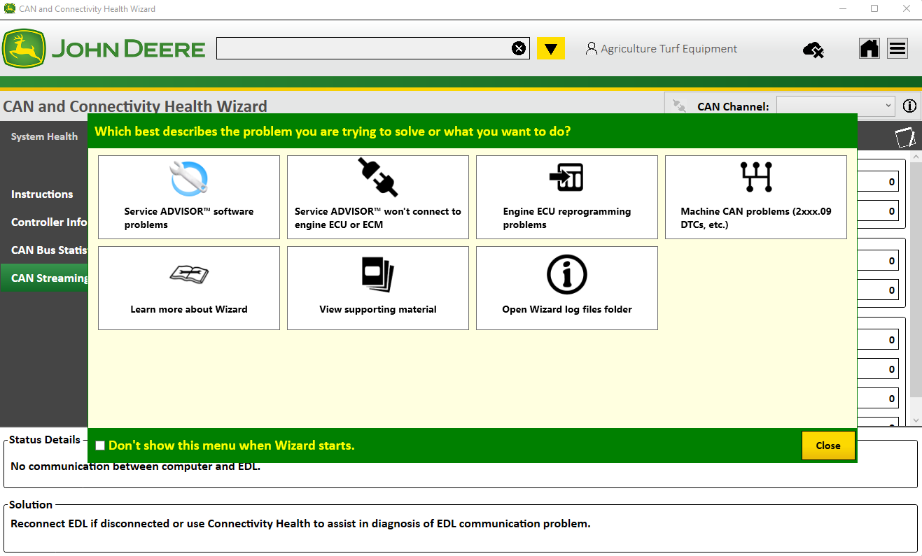 Computer screen displaying John Deere software with diagnostic options.