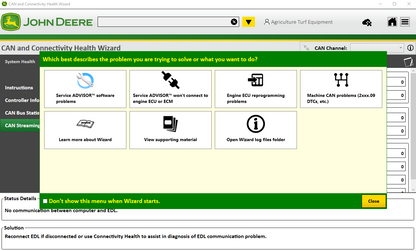 Computer screen displaying John Deere software with diagnostic options.