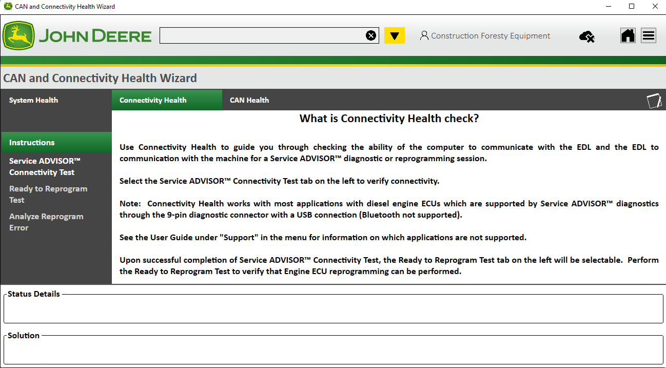 John Deere software interface for CAN and Connectivity Health Wizard