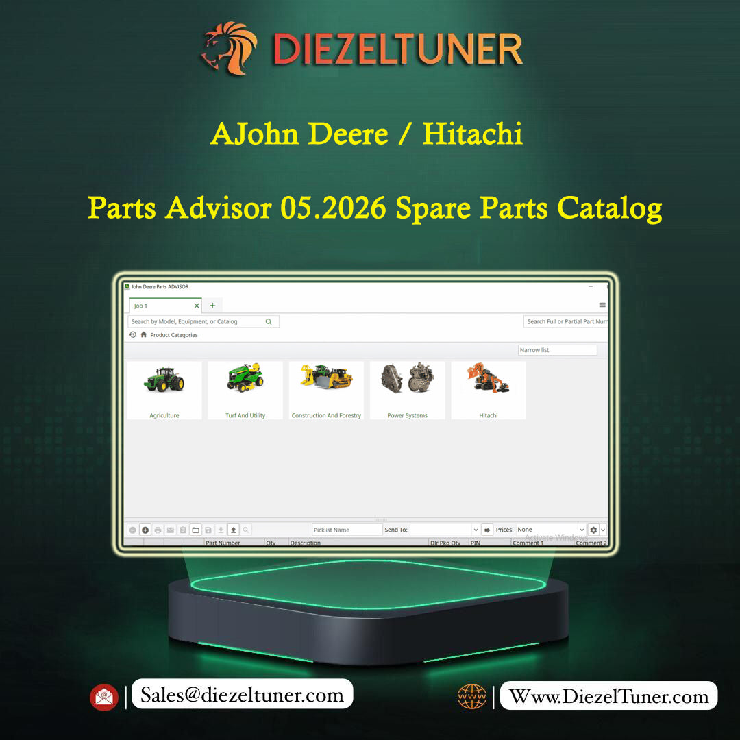 Promotional graphic for DiezelTuner's John Deere and Hitachi spare parts catalog, showing a computer monitor mockup with a parts catalog interface on a dark green background with contact information at the bottom.