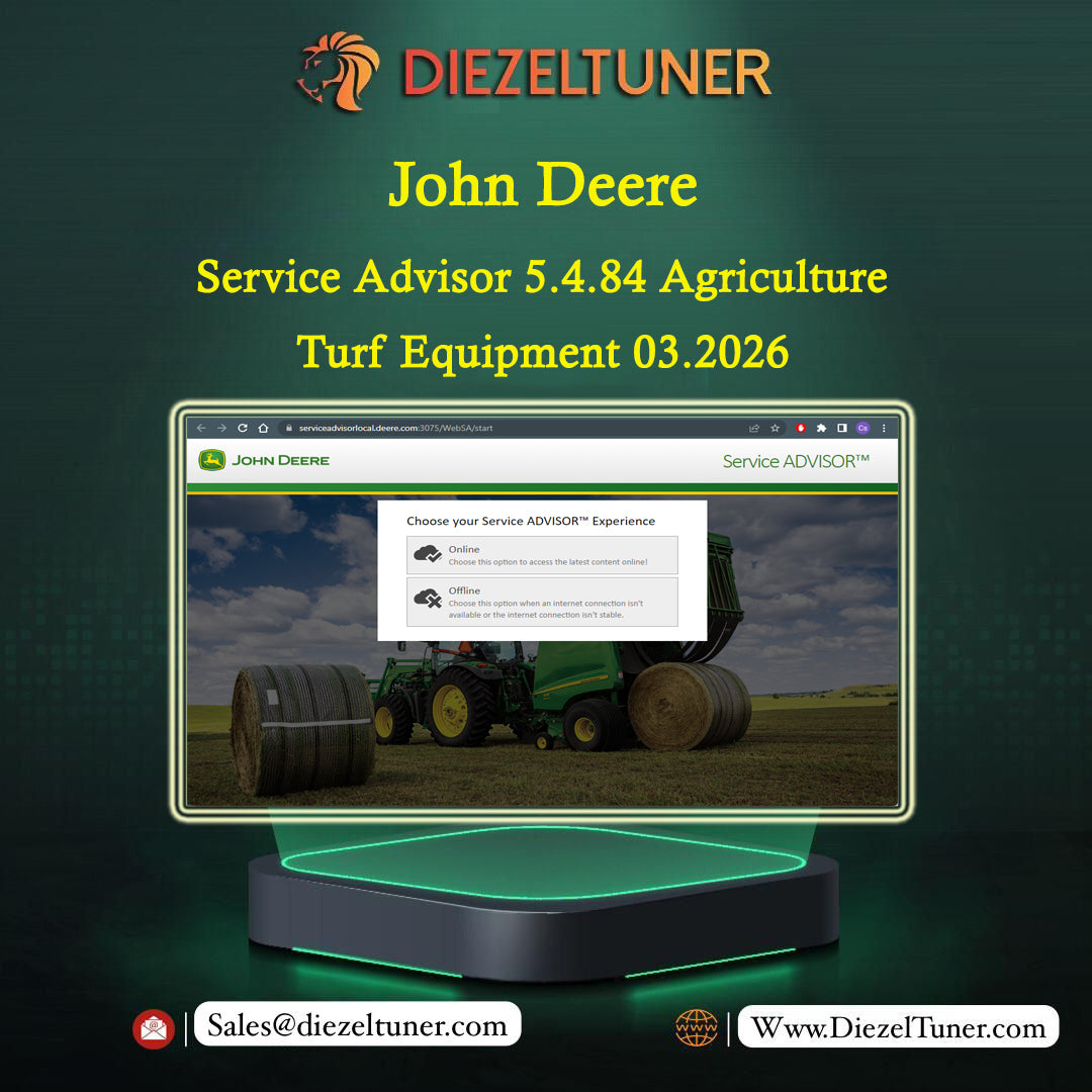 Promotional graphic for a John Deere Service Advisor Agriculture Turf Equipment report dated 03.2026, showing a computer monitor mockup with a John Deere service screen and Diezeltuner branding on a dark green background.