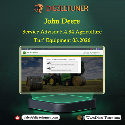 Promotional graphic for a John Deere Service Advisor Agriculture Turf Equipment report dated 03.2026, showing a computer monitor mockup with a John Deere service screen and Diezeltuner branding on a dark green background.