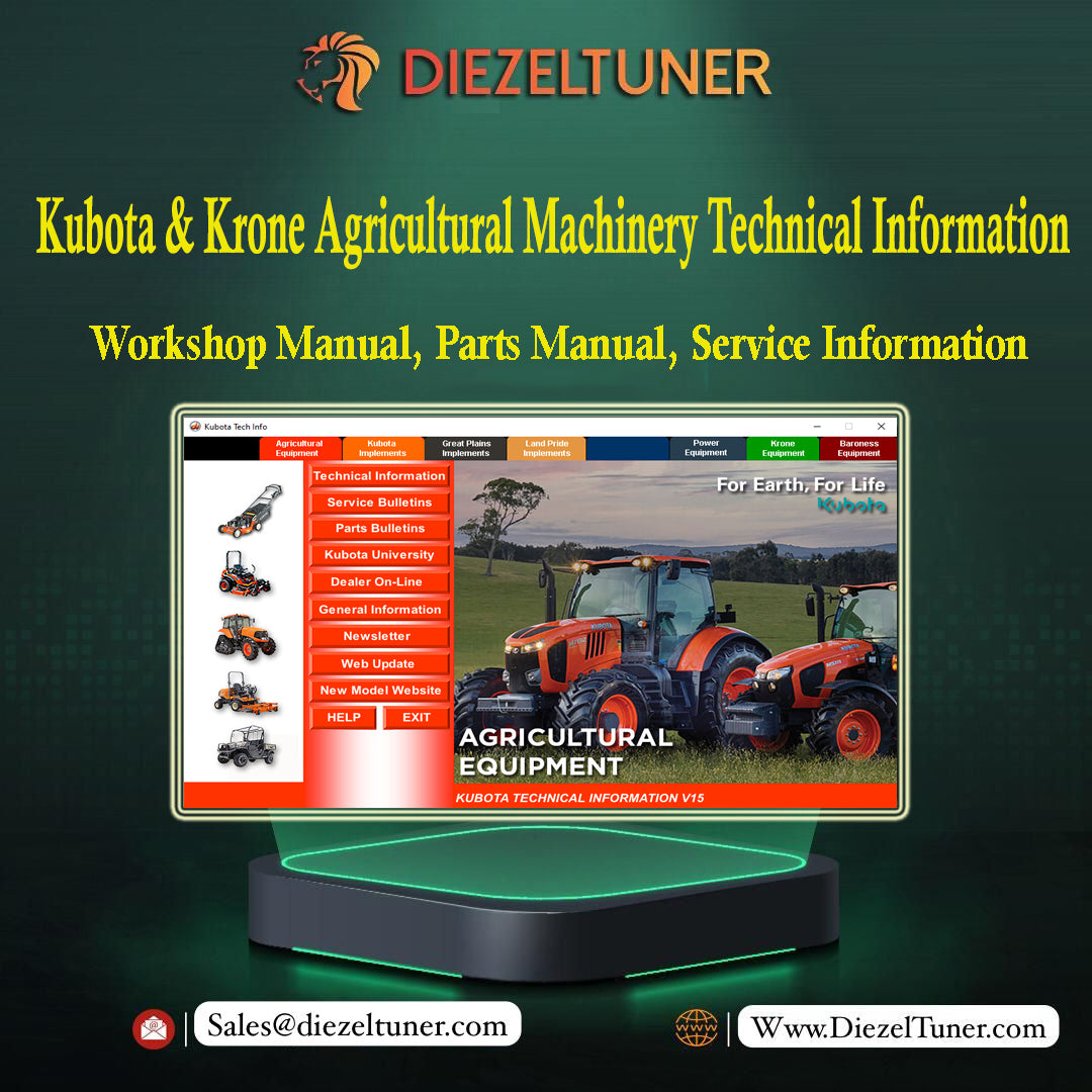 Promotional image featuring a Kubota & Krone agricultural machinery technical information CD, with the company's logo and a picture of red agricultural equipment.