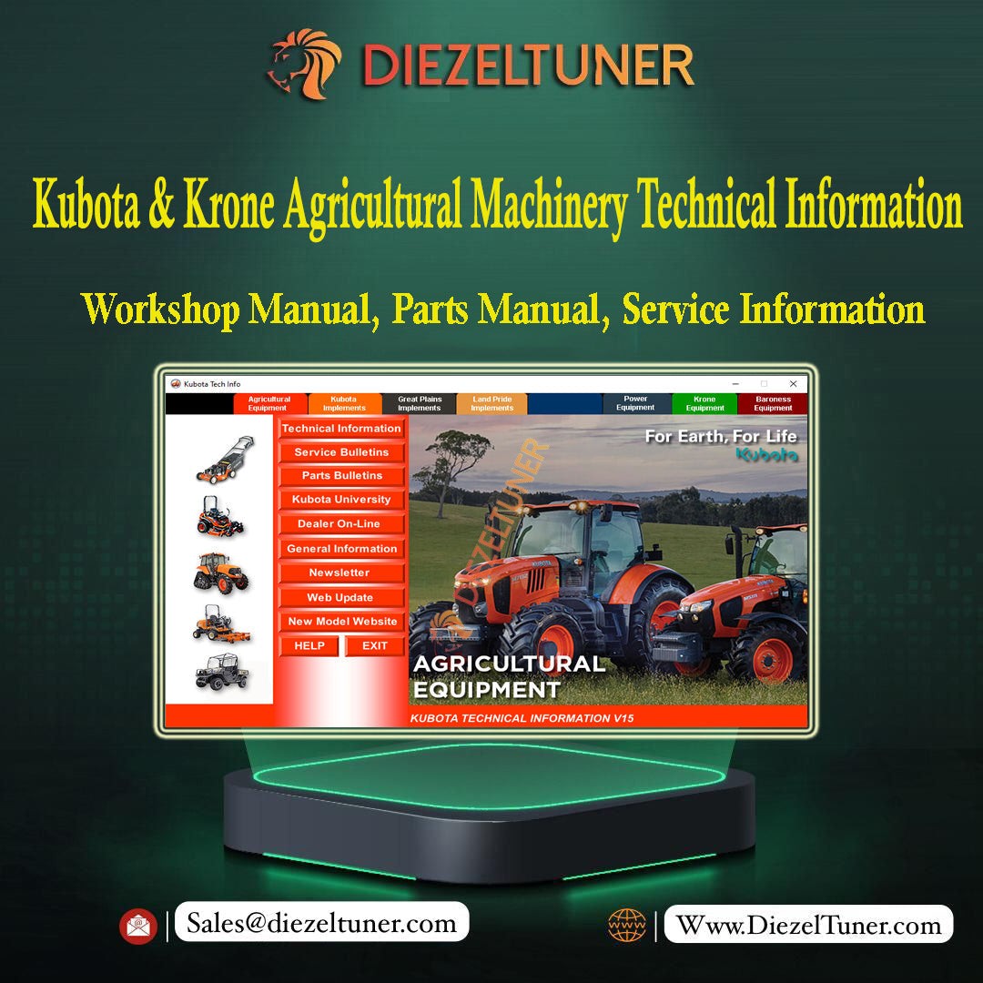 Promotional image featuring a Kubota & Krone agricultural machinery technical information CD, with the company's logo and a picture of red agricultural equipment.