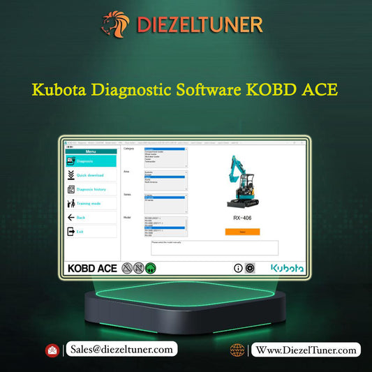 Kubota Diagnostic Software KOBD ACE displayed on a screen with Diezeltuner branding.