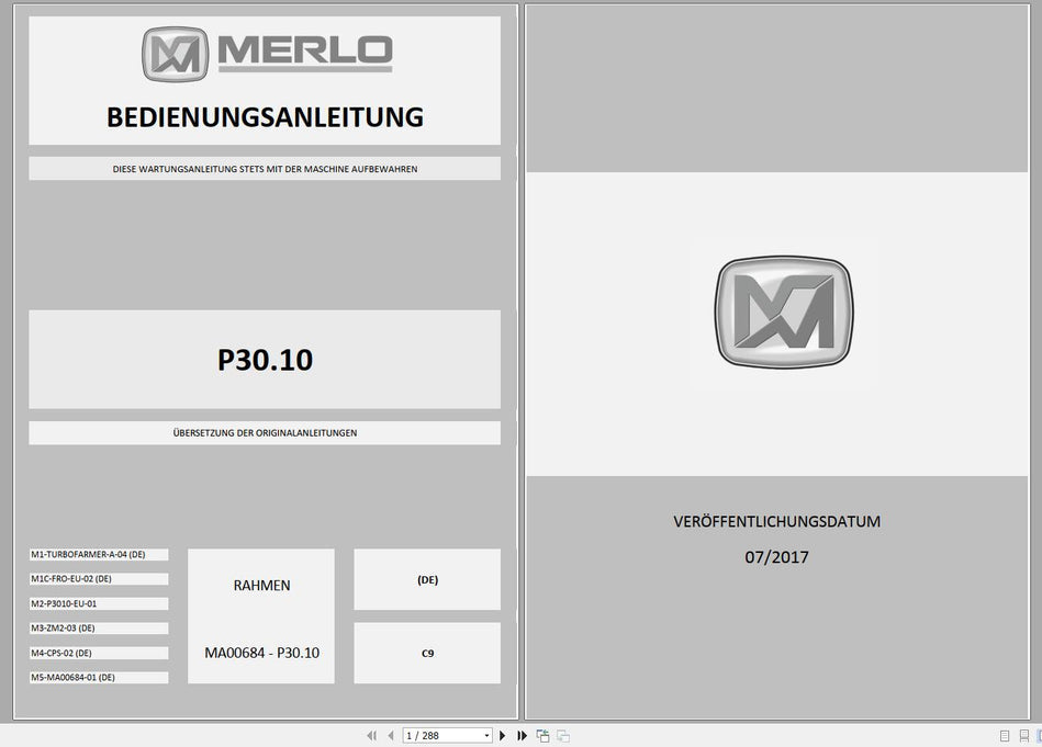 MERLO Machine Telehandlers PDF De_German Service Part Manual, Hydraulic & Electrical Diagram DVD 