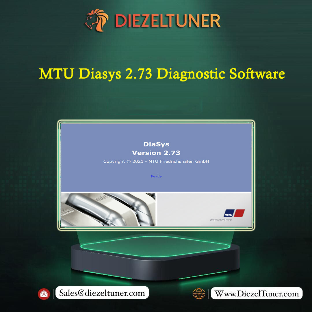 Promotional graphic for MTU Diasys 2.73 Diagnostic Software by Diezeltuner, showing a stylized computer monitor displaying the DiaSys Version 2.