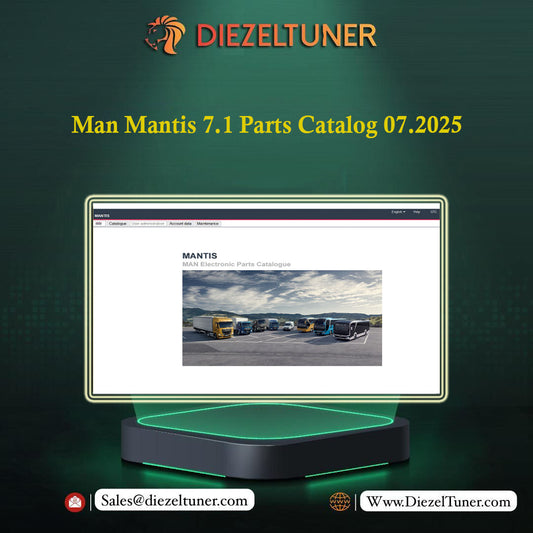 Promotional image for Diezeltuner's Man Mantis 7.1 Parts Catalog with a computer screen displaying the catalog.
