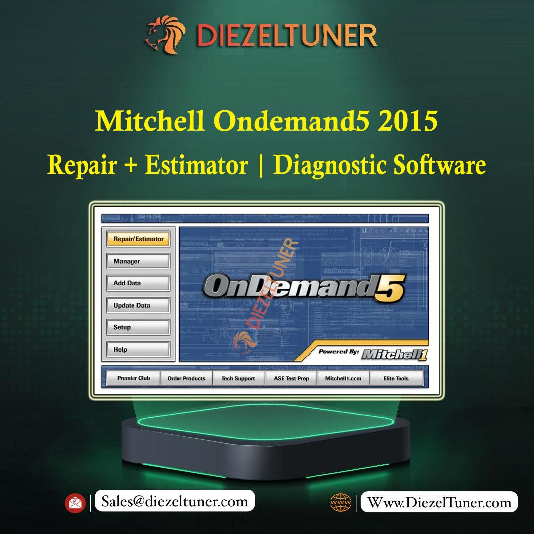 Promotional image featuring the Mitchell Ondemand5 2015 diagnostic software interface on a computer monitor, with the logo of Diezeltuner at the bottom.