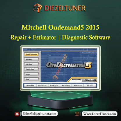 Promotional image featuring the Mitchell Ondemand5 2015 diagnostic software interface on a computer monitor, with the logo of Diezeltuner at the bottom.