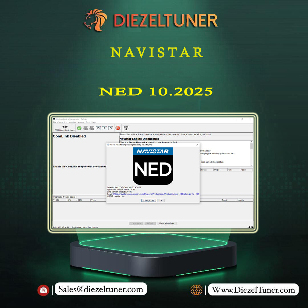 Promotional graphic for Diezeltuner Navistar NED 10.2025 software, featuring a computer monitor mockup displaying Navistar interface screens and a black docking station with green light on a dark green gradient background.
