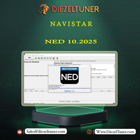 Promotional graphic for Diezeltuner Navistar NED 10.2025 software, featuring a computer monitor mockup displaying Navistar interface screens and a black docking station with green light on a dark green gradient background.