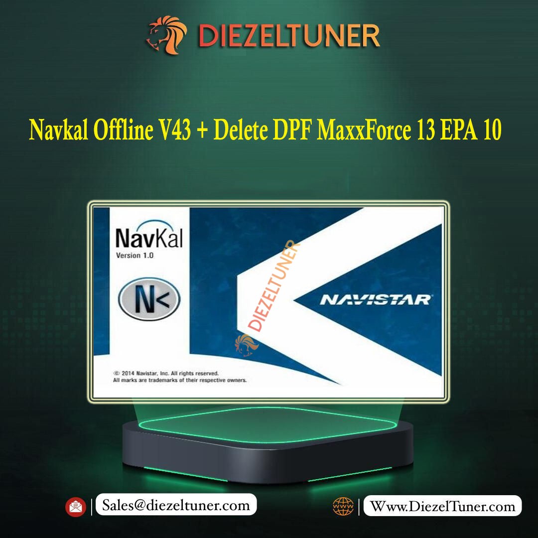 Product image for Navkal Offline V43 + Delete DPF MaxxForce 13 EPA 10 featuring a DVD with software packaging design.