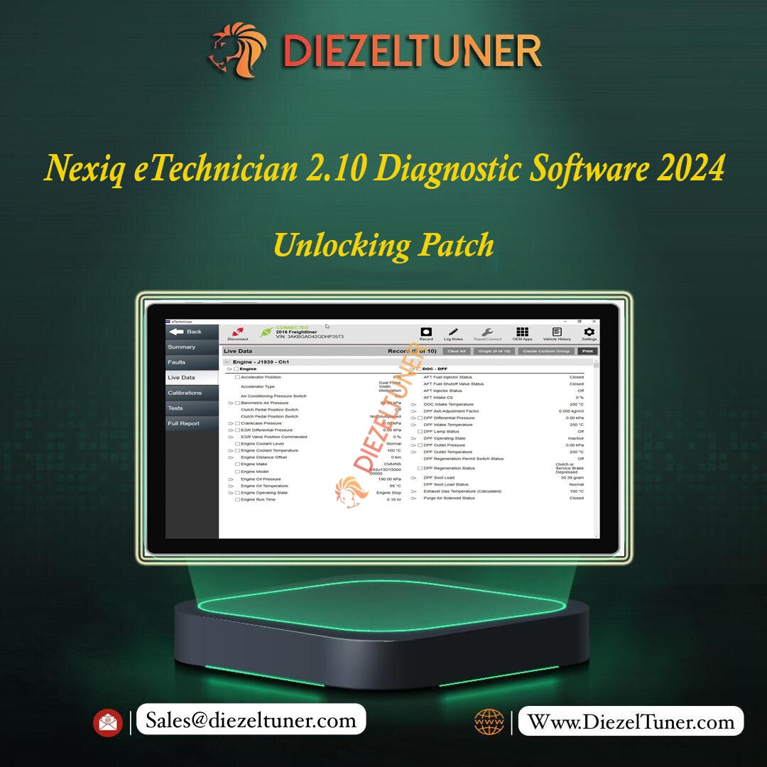 Promotional image for Nexiq eTechnician 2.10 Diagnostic Software 2024 showing the software interface on a computer monitor with 'Unlocking Patch' text visible.