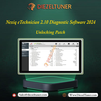 Promotional image for Nexiq eTechnician 2.10 Diagnostic Software 2024 showing the software interface on a computer monitor with 'Unlocking Patch' text visible.