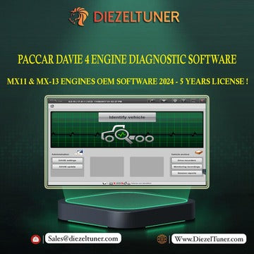 Advertisement for Diezeltuner Paccar Dave 4 Engine Diagnostic Software with a computer screen displaying software interface.