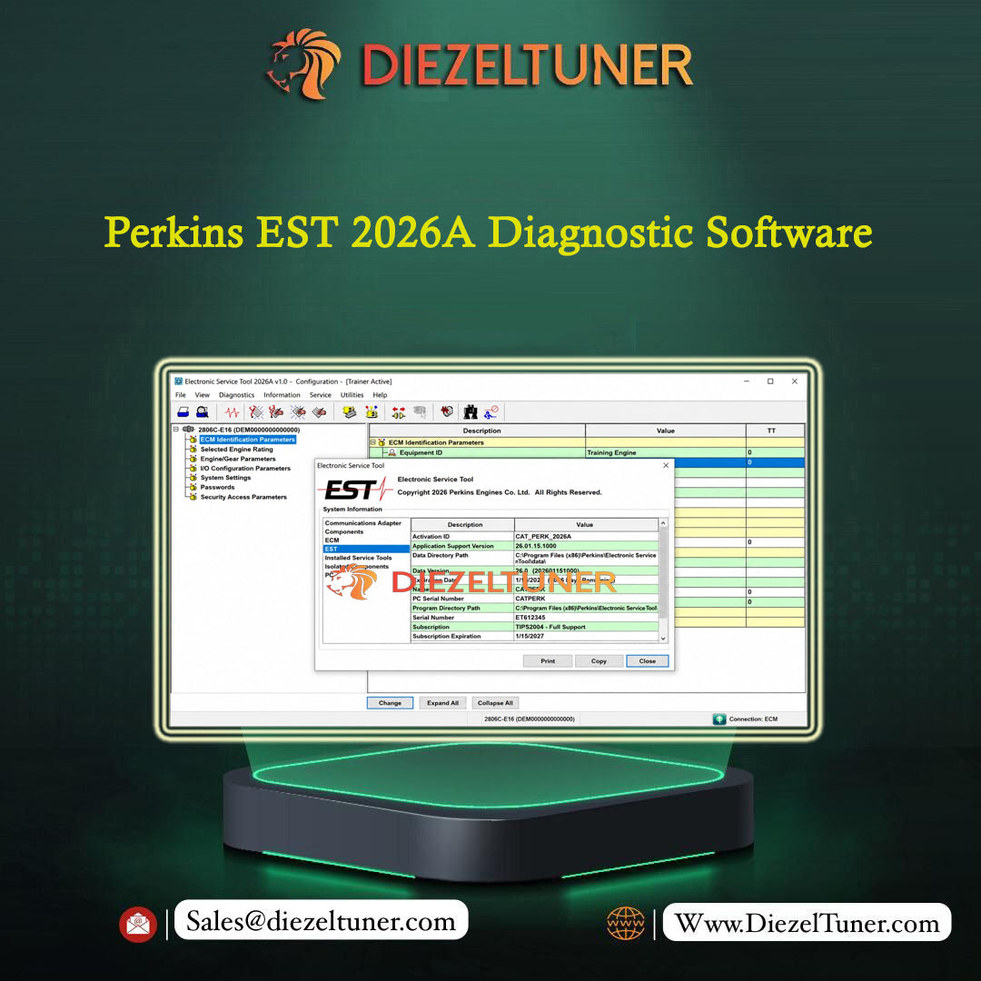 Promotional graphic for Diezeltuner Perkins EST 2026A Diagnostic Software, showing a computer monitor with a software interface and a glowing base against a dark green background with the Diezeltuner logo and contact details.