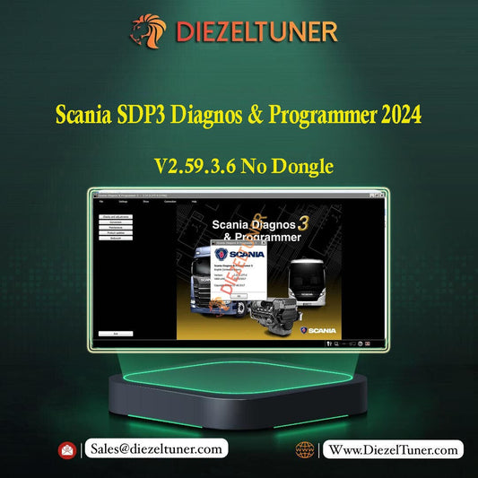 Promotional image for Scania SDP3 Diagnos & Programmer software showing the product's interface and contact information for support.