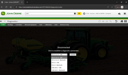 John Deere diagnostic software interface on a computer screen