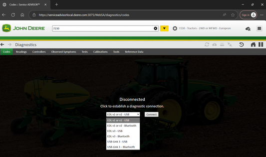 John Deere diagnostic software interface on a computer screen