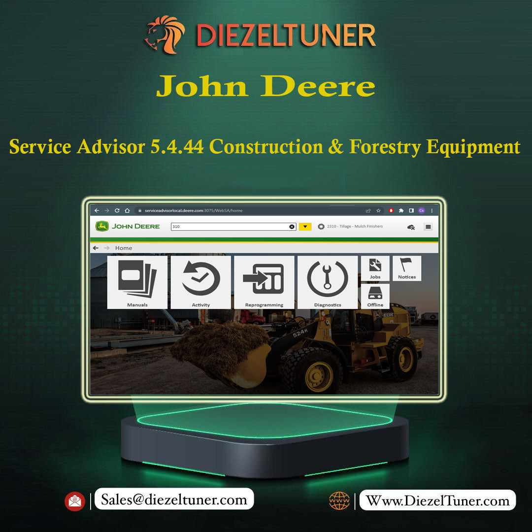 Computer screen displaying John Deere software with construction equipment in the background, featuring Diezeltuner branding.