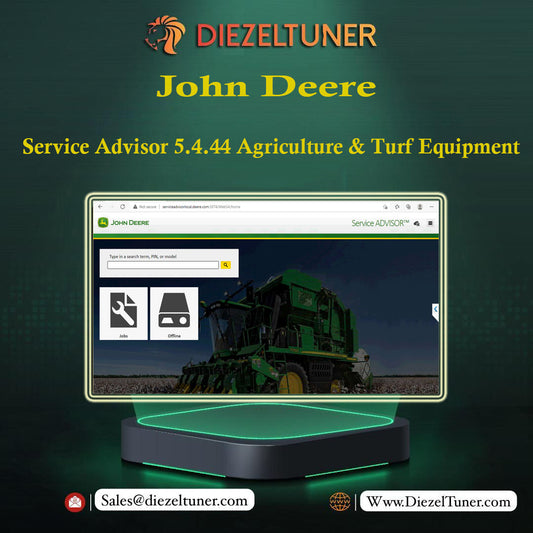 John Deere Service Advisor software interface with a tractor image on a dark green background, featuring Diezeltuner branding.