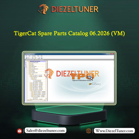 Promotional graphic for TigerCat Spare Parts Catalog 06.2026 (VM) by Diezeltuner, showing a computer monitor displaying the TPO TigerCat software interface on a dark green background with the Diezeltuner logo at the top and contact details at the bottom.
