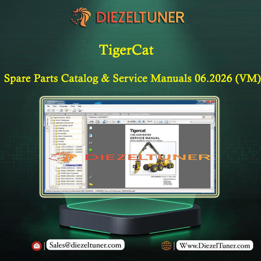 Promotional graphic for Diezeltuner TigerCat spare parts catalog and service manuals, showing a computer monitor displaying a manual page on a dark green background with the Diezeltuner logo and contact information.