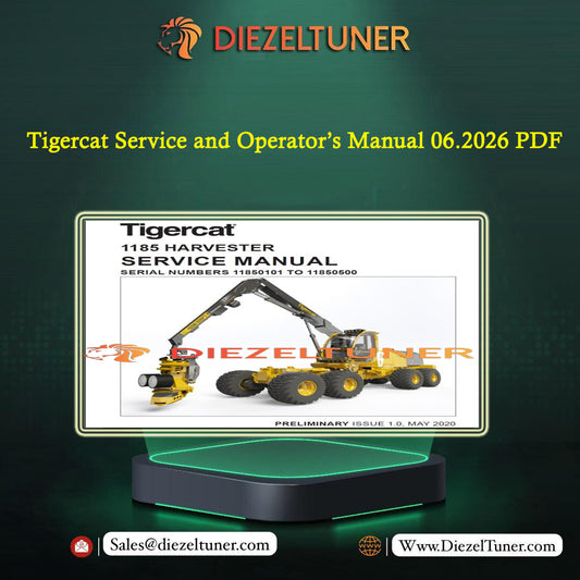 Promotional graphic for a digital PDF download of a Tigercat 1185 Harvester Service and Operator's Manual, dated 06.2026, by the brand Diezeltuner.