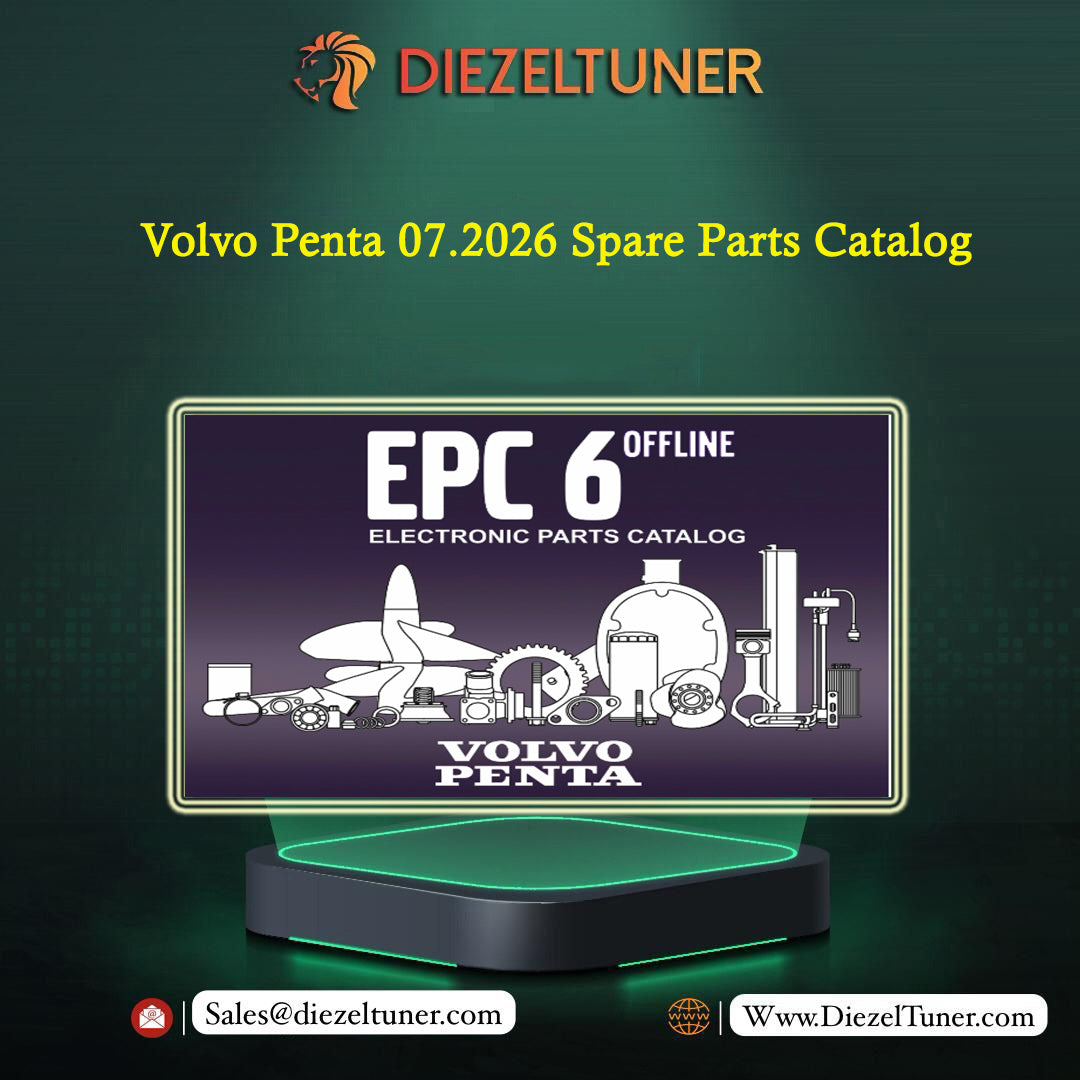 Promotional graphic for the Volvo Penta EPC 6 Offline Spare Parts Catalog by Diezeltuner, showing a computer monitor displaying the catalog cover on a dark green background.