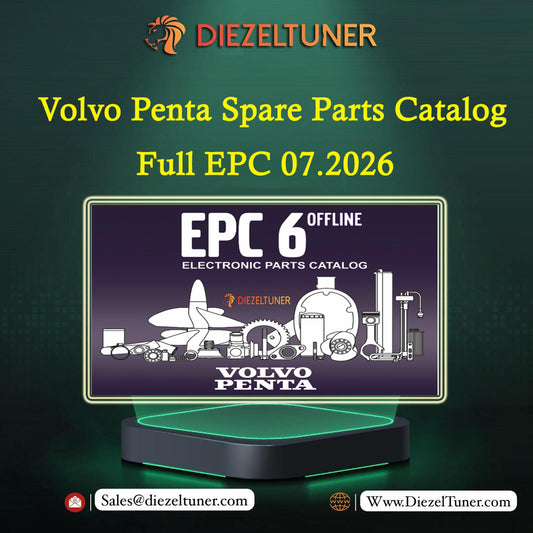 Promotional graphic for a Volvo Penta Spare Parts Catalog EPC 6 Offline, dated Full EPC 07.2026, by Diezeltuner.