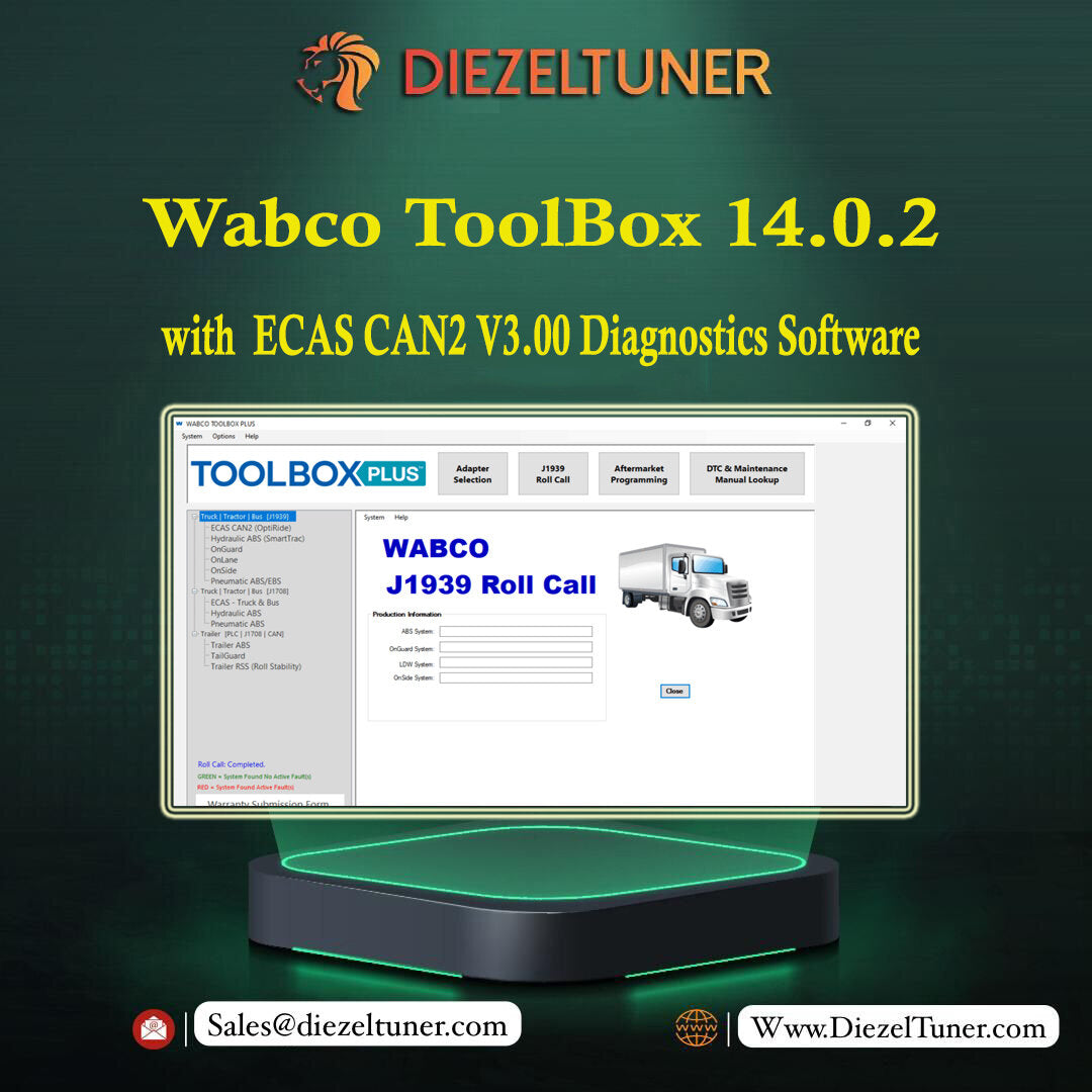Promotional image featuring the Wabco ToolBox diagnostics software interface on a computer monitor, with the Wabco logo and branding visible.