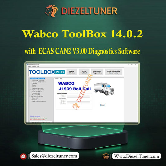 Promotional image featuring the Wabco ToolBox diagnostics software interface on a computer monitor, with the Wabco logo and branding visible.