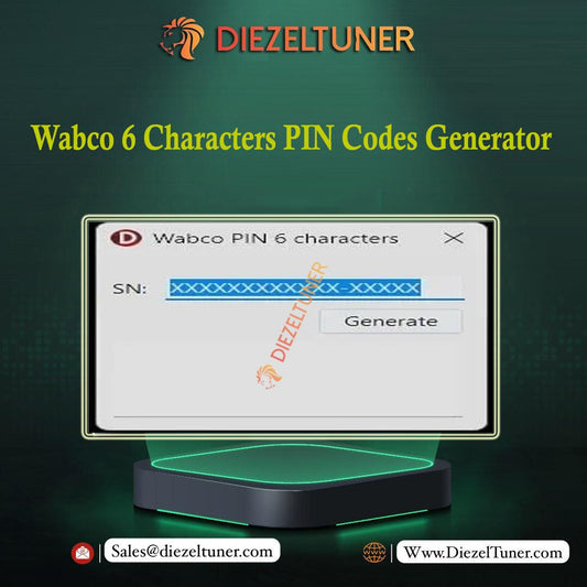 Software interface for a Wabco 6 Characters PIN Codes Generator, depicting a window with a 'Generate' button and a placeholder for a serial number.