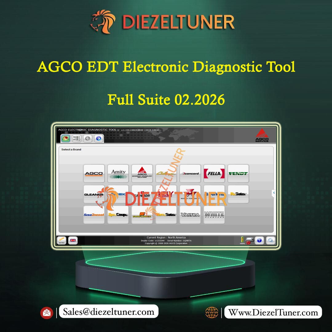 Promotional graphic for the AGCO EDT Electronic Diagnostic Tool Full Suite 02.2026 by Diezeltuner, showing a computer monitor mockup displaying the software interface on a dark green background with text and contact information.