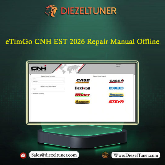 Advertisement for Diezeltuner eTimGo CNH EST 2026 Repair Manual Offline on a dark green background.