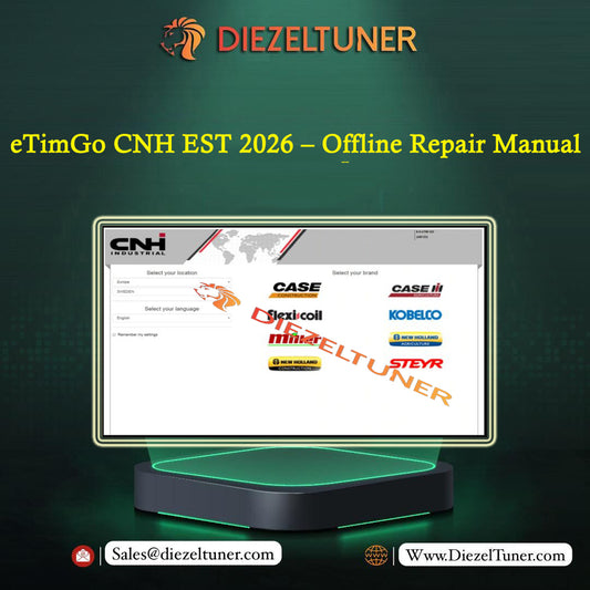 Promotional graphic for a Diezeltuner eTimGo CNH EST 2026 offline repair manual, showing a computer monitor with brand logos and a dark green gradient background.