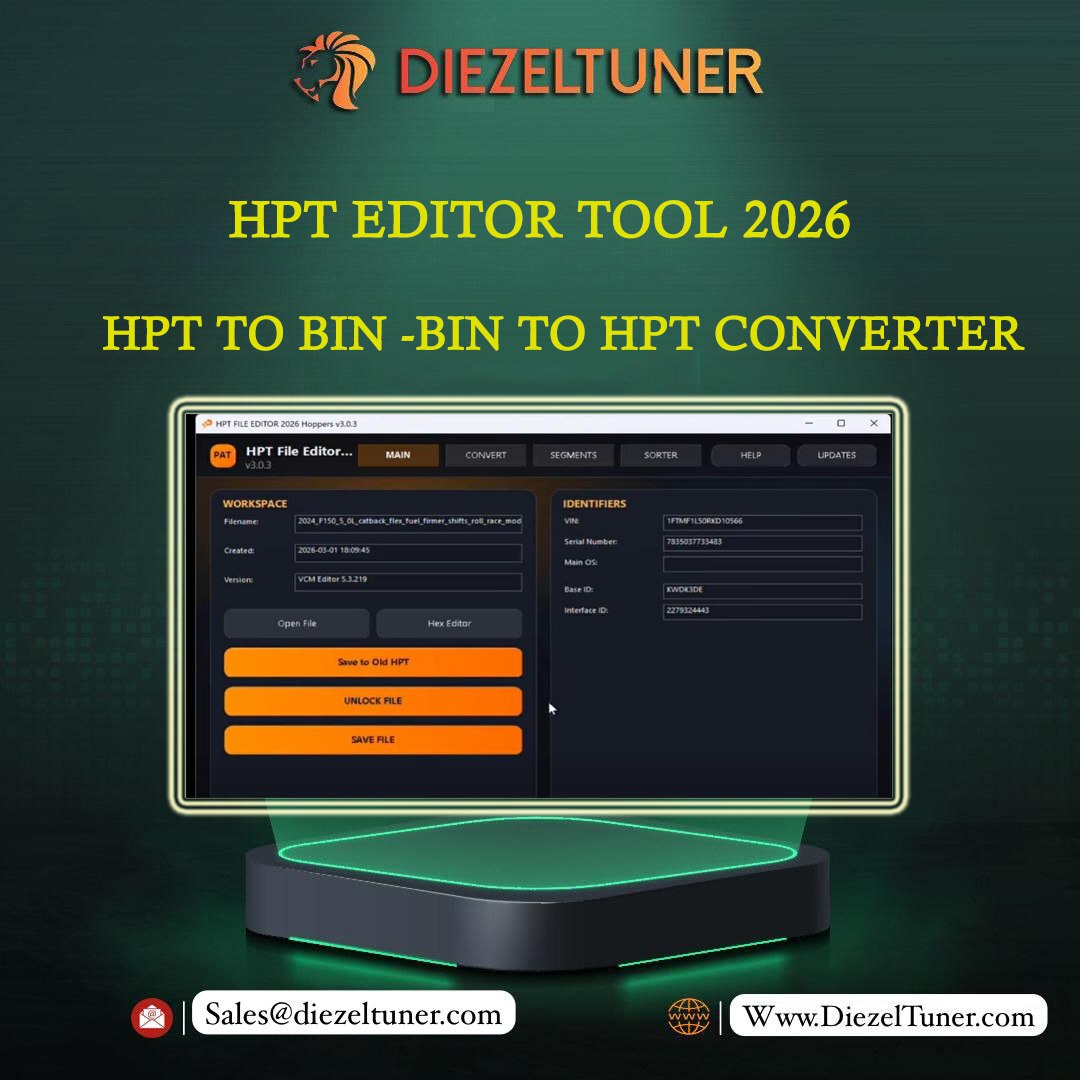 Advertisement for Diezeltuner HPT Editor Tool 2026 with a computer screen displaying software interface on a dark green background.